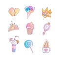 Set of princess and little girls cute fashion icon. Lovely vector set of hand drawn princess elements - cocktail for Royalty Free Stock Photo