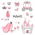 Set of Princess world design elements isolated on white. Royalty Free Stock Photo