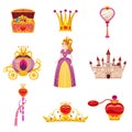 Set Princess World elements and attributes of design. Castle, mirror, carriage, a magic wand, treasure chest, perfume