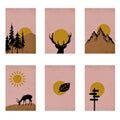 Set of 6 Printable Illustrations, Minimalist Pattern, Mountains, Reindeer , Tree, Sunset, Wall Art, Royalty Free Stock Photo