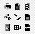 Set Printer, File document, Pantone, News, Coffee cup, Torn, Scissors and Paint roller brush icon. Vector