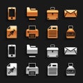 Set Printer, Mail and e-mail, Glue, File document, Note paper with push button, Briefcase, Mobile phone and Document Royalty Free Stock Photo