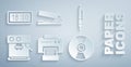 Set Printer, Pen, Coffee machine, CD or DVD disk, Office stapler and Digital alarm clock icon. Vector Royalty Free Stock Photo