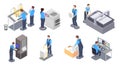 Set with printing house isometric icons with human characters of workers with printing equipment and paper illustration Royalty Free Stock Photo