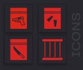 Set Prison window, Evidence bag and pistol or gun, Evidence bag and bullet and Evidence bag and knife icon. Vector