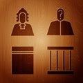 Set Prison window, Judge, Plastic bag with ziplock and Anonymous with question mark on wooden background. Vector
