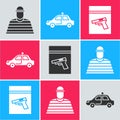 Set Prisoner, Police car and flasher and Evidence bag and pistol or gun icon. Vector