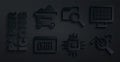 Set Processor CPU, Binary code, Data analysis, Search data, with folder and Coal mine trolley icon. Vector Royalty Free Stock Photo