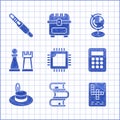 Set Processor with CPU, Book, Crossword, Calculator, Man hat, Chess, Earth globe and Audio jack icon. Vector Royalty Free Stock Photo