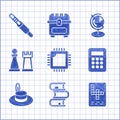 Set Processor with CPU, Book, Crossword, Calculator, Man hat, Chess, Earth globe and Audio jack icon. Vector