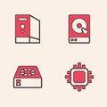 Set Processor with CPU, Case of computer, Hard disk drive HDD and Computer cooler icon. Vector Royalty Free Stock Photo