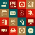 Set Processor with CPU, Computer monitor screen, Case of computer, cooler, SSD card, Server, Data, Web Hosting, Router Royalty Free Stock Photo