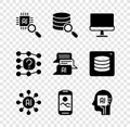 Set Processor CPU, Server, Computer monitor, Neural network, Mobile phone, Humanoid robot, and Chat icon. Vector Royalty Free Stock Photo