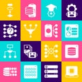 Set Processor CPU, Server, Data, Computer api interface, Graduation cap, Funnel filter, Neural network, Algorithm and Royalty Free Stock Photo