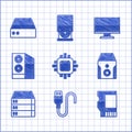 Set Processor with CPU, USB cable cord, SD card, Uninterruptible power supply, Server, Data, Web Hosting, Case of Royalty Free Stock Photo