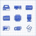 Set Processor with CPU, Video graphic card, Computer mouse, Optical disc drive, Hard disk HDD, SSHD and icon. Vector