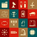 Set Processor with microcircuits CPU, 3D printer, Electric car, Test tube and flask, Robot, Neural network, Document