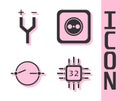 Set Processor with microcircuits CPU, Electric cable, Electric circuit scheme and Electrical outlet icon. Vector Royalty Free Stock Photo