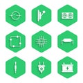 Set Processor with microcircuits CPU, Electric plug, Car battery, Resistor electricity, Audio jack, scheme, Electrical Royalty Free Stock Photo