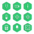 Set Processor with microcircuits CPU, Light emitting diode, Electric light switch, Multimeter, LED bulb, Audio jack and Royalty Free Stock Photo