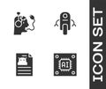 Set Processor with microcircuits CPU, Robot charging battery, Technical specification and icon. Vector Royalty Free Stock Photo