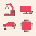 Set Processor with microcircuits CPU, Robotic robot arm hand factory, Smart Tv and Electric car icon. Vector