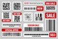 Set of product barcodes and QR codes. Special offer, sale stickers, shopping discount label or promotional badge. Serial