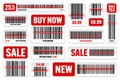 Set of product barcodes with red scanning line. Sale stickers, discount label or promotional badge. Serial number