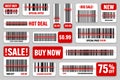 Set of product barcodes with red scanning line. Sale stickers, discount label or promotional badge. Serial number