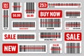 Set of product barcodes with red scanning line. Sale stickers, discount label or promotional badge. Serial number