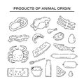 Set products animal origin line doodle icons. Varieties protein food vector sketch black isolated illustration on white