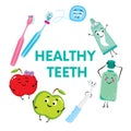 A set of products for the care of teeth and oral cavity. Dental floss, toothpaste, toothbrushes, mouthwash, drill and apples. Stom