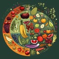 A set of products in a circle, healthy food. Fruits, vegetables and nuts. Cartoon flat illustration. AI Generative