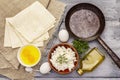 Set of products for cooking hot snack. Pita bread, cottage cheese, eggs, greens, vegetable oil Royalty Free Stock Photo