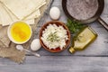 Set of products for cooking hot snack. Pita bread, cottage cheese, eggs, greens, vegetable oil Royalty Free Stock Photo