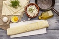 Set of products for cooking hot snack. Pita bread, cottage cheese, eggs, greens, vegetable oil Royalty Free Stock Photo