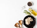 Set of products and kitchen utensils for cooking fried oyster mushrooms with thyme. Top view Royalty Free Stock Photo