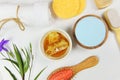 Set products natural body care herbal dermatology cosmetic hygienic for beauty skincare treatment personal hygiene salt scrub Royalty Free Stock Photo