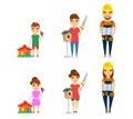 Set, profession builder. A little girl and boy dream of becoming a builder. Male and female professional builders Royalty Free Stock Photo