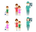 Set, profession surgeon. Little girl and boy dream of becoming surgeons. Man and woman are professional surgeons