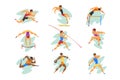 Flat vector set of professional athletes in different actions. Young muscular guys in sportswear. Active people. Olympic