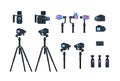 Set professional camera equipment motorized gimbal stabilizer tripod metal construction take a photo movie or video Royalty Free Stock Photo