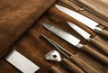 Set of professional cook tools. Special case of cook knives. Royalty Free Stock Photo