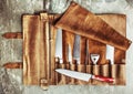 Set of professional cook tools. Special case of cook knives. Royalty Free Stock Photo