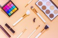 Set of professional decorative cosmetics with accessories.Makeup brushes eye shadow black mascara contouring palette contour Royalty Free Stock Photo