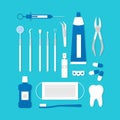 Set of professional dentist tools. Tooth care equipment. Dental theme