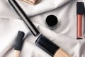 Set of professional elite decorative cosmetics for make-up on white silk cloth. Textile background. Copy space. Beauty and fashion Royalty Free Stock Photo