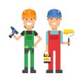 Set of professional engineering workers people building team in helmets builders flat vector illustration.