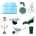 Set professional garden tools on white background in flat style. Kit greenhouse, lawn mower, trimmer, blower, watering hose,