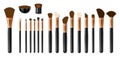 Set of Professional golden makeup brushes isolated on white background. Realistic Powder Blush, Eye Shadow, Brush or